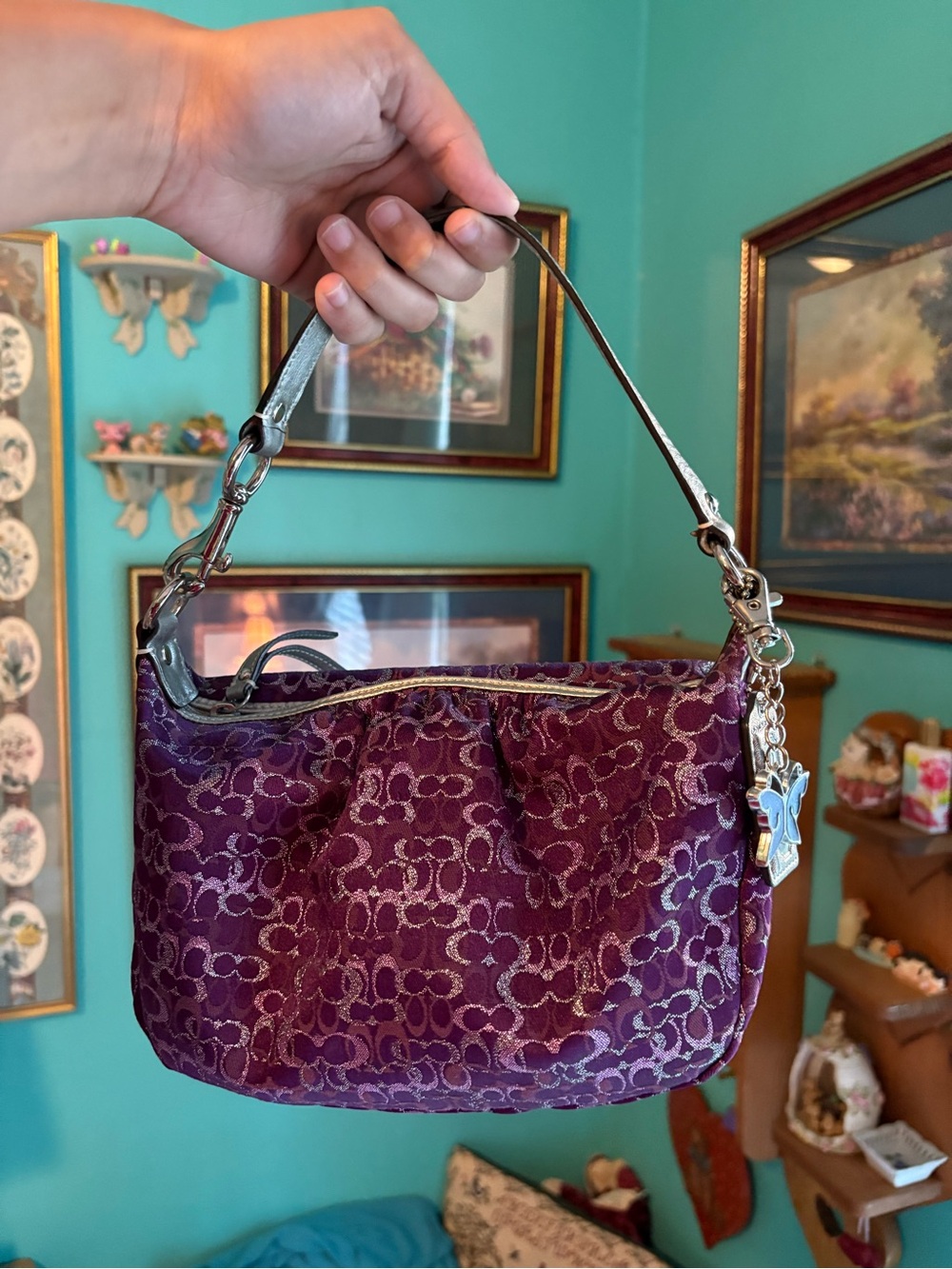 RARE Y2K 2008 Coach Purple Metallic Monogram Optic Shimmer Mini Bag💟